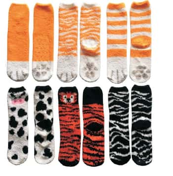 Women's Animal Printed Fuzzy Crew Socks w/ Non-Skid Grips - Tiger, Cow, & Zebra Print - Size 9-11