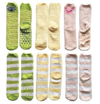 Women's Animal Printed Fuzzy Crew Socks w/ Non-Skid Grips - Pastel Colors & Stripes - Size 9-11