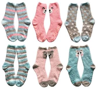 Women's Bear Printed Fuzzy Crew Socks w/ Non-Skid Grips - Pastel Polka Dots & Stripes - Size 9-11