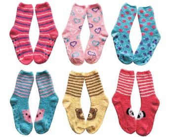 Women's Animal Printed Fuzzy Crew Socks w/ Non-Skid Grips - Polka Dots, Hearts & Stripes - Size 9-11