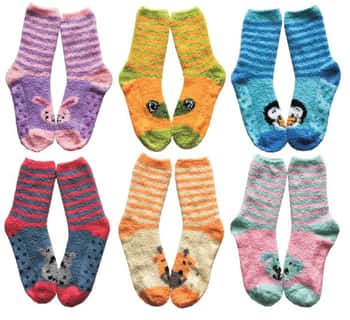Women's Animal Printed Fuzzy Crew Socks w/ Non-Skid Grips - Two Tone Stripes - Size 9-11