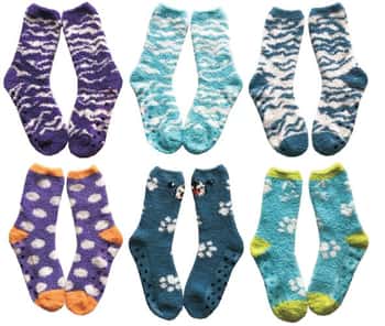 Women's Animal Printed Fuzzy Crew Socks w/ Non-Skid Grips - Two Tone Dog & Zebra Print - Size 9-11