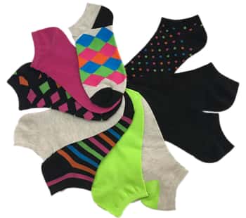 Women's No Show Novelty Socks - Assorted Colors - 10-Pair Packs - Size 9-11