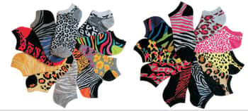 Women's No Show Novelty Socks - Colorful Zebra & Cheetah Print - 10-Pair Packs - Size 9-11