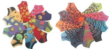 Women's No Show Novelty Socks - Emoji, Leopard & Tiger Print - 10-Pair Packs - Size 9-11