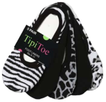 Women's No-Show Ped Sock Footliners - B&W Animal Prints - Size 9-11 - 5-Pair Packs