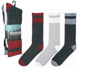 Men's Outdoor Heavy Duty Hiking Boot Socks w/ Two Tone Striped Trim - Solid Heel & Toe - 3-Pair Packs