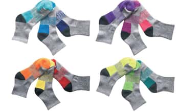 Women's Quarter-Length Cushioned Grey Ankle Socks w/ Stripes - Two Tone Assorted Colors -  3-Pair Packs