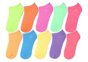 Girl's No Show Socks - Solid Neon Colors - Size 6-8 - 10-Pair Packs