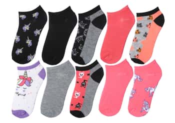 Girl's No Show Socks - Cat & Unicorn Theme - Size 6-8 - 10-Pair Packs
