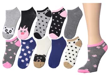 Girl's No Show Socks - Panda/Pig/Sheep/Bear Polka Dot Animal Theme - Size 6-8 - 10-Pair Packs