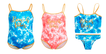 Toddler Girl's Two Tone One-Piece & Two-Piece Swimsuits w/ Embroidered Gold Graphics - Tie-Dye Print - Sizes 2T-4T