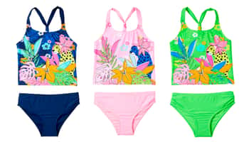 Little Girl's Fashion Tankini Swimsuits - Two Tone Floral & Cheetah Print - Sizes 4-6X