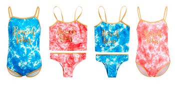 Little Girl's Two Tone One-Piece & Two-Piece Swimsuits w/ Embroidered Gold Graphics - Tie-Dye Print - Sizes 4-6X