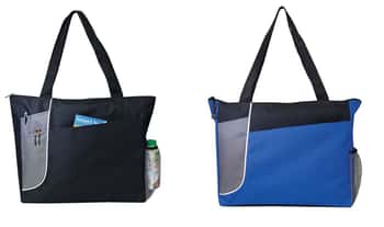 Two Tone Zip-Up Poly Tote Bags w/ Mesh Side Pocket - Choose Your Color(s)