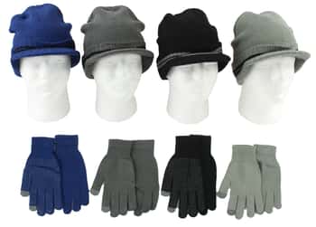 Men's Knit Brimmed Hat w/ Non-Skid Touchscreen Texting Gloves Set - Assorted Colors