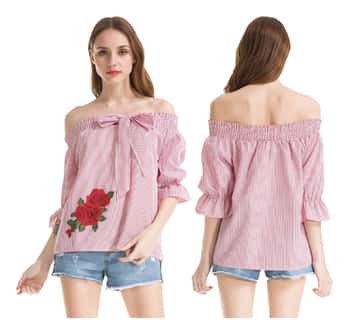 Women's Off The Shoulder Mid-Sleeve Tops w/ Floral Embroidery & Bowtie - Striped Prints - Assorted Colors - Size Small-XL