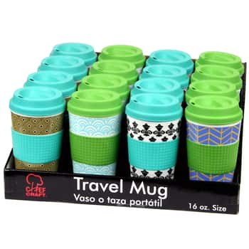 16.5 oz. Travel Mugs with Patterns in Shelf Display