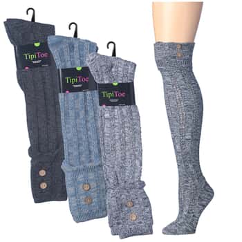 Women's Wool Blend Cable Knit Cuff Knee High Socks w/ Button Detail - Size 9-11