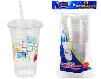 24 oz. Clear Plastic Cups w/ Lids & Straws - Deco - Nicole Home Collection
