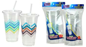 24 oz. Clear Plastic Cups w/ Lids & Straws - Chevron - Nicole Home Collection