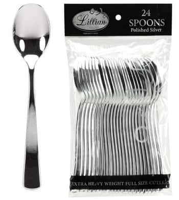 Polished Silver Plastic Cutlery - Spoons - 24-Packs - Lillian