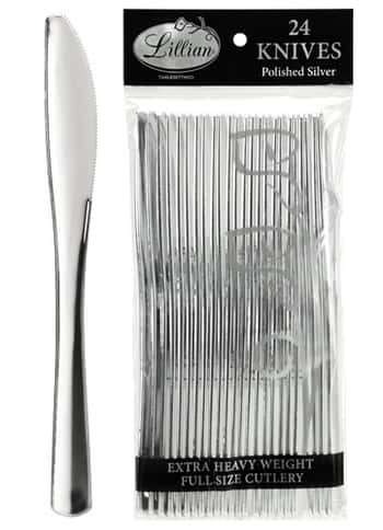 Polished Silver Plastic Cutlery - Knives - 24-Packs - Lillian