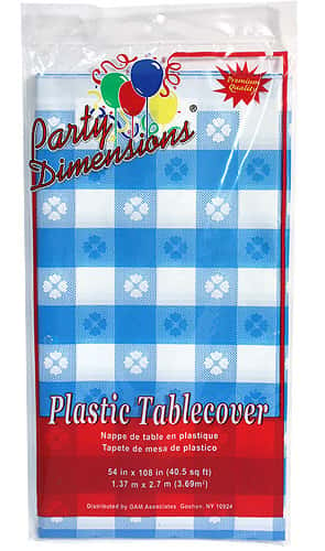 54" X 108" Blue Gingham Rectangular Plastic Tablecloth 48-Packs - Party Dimensions