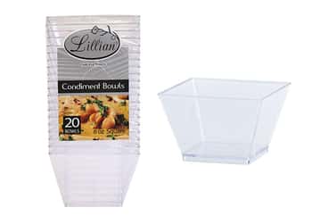 Clear 8oz Plastic Square Condiment Bowls by Lillian - 20-Packs