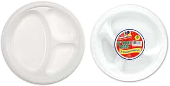 10" White Round Plastic 3 Compartment Plate 8-Packs - Party Dimensions