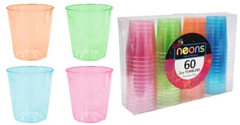 2 oz. Neon Plastic Shot Cup Tumblers 4 Assorted Colors 60-Packs - Party Dimensions Neons