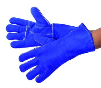 Sock Lined Blue Leather Welding Gloves w/ Reinforced Thumb - Size: Large