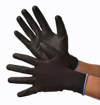 13 Gauge (Ultra Thin) Polyester String Knit Gloves w/ Polyurethane Coating - Black/Black - Size: XL