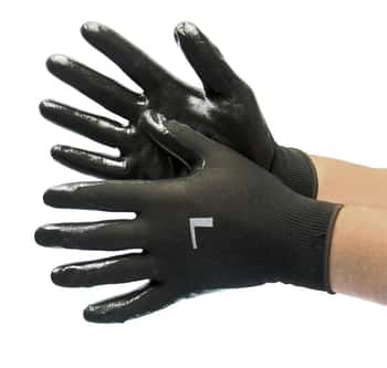 13 Gauge (Ultra Thin) Polyester String Knit Gloves w/ Nitrile Coating - Black/Black - Size: XS