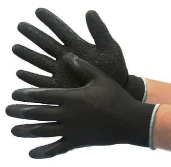 13 Gauge (Ultra Thin) Polyester String Knit Gloves w/ Textured Latex Coating - Black/Black - Size: Medium