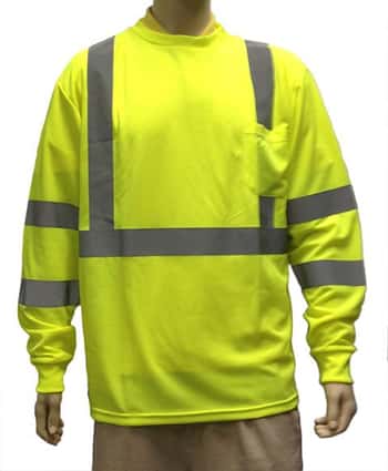 Long Sleeve Safety T-Shirts w/ Reflector Strips - ANSI Class III Rating - Green - Size Large