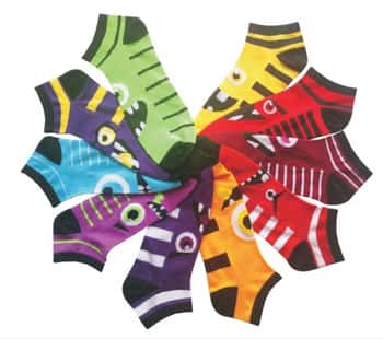 Boy's No Show Novelty Socks - Monster Face Print - 10-Pair Packs - Size 6-8