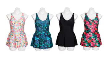 Women's Fashion Empire Waist Swim Dresses - Tropical Floral & Solid Print -  Sizes Small-XL
