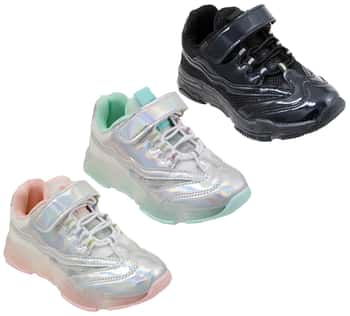 Little Girl's Holographic Breathable Sneakers w/ Glitter Details, Adjustable Strap & Elastic Laces