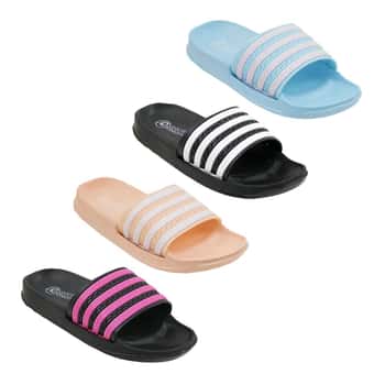 Girl's Athletic Barbados Slide Sandals w/ Embroidered Waves & Two Tone Stripes