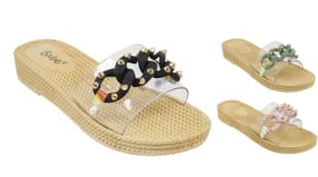 Women's Wedge Slide Sandals w/ Embroidered Spiked Chain & Soft Ribbed Footbed