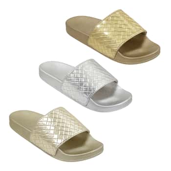 Woman's Metallic Barbados Slide Sandals w/ Embossed Woven Pattern