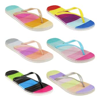 Women's Two Tone Flip Flop Thong Sandals w/ Rainbow Printed Footbed