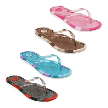 Women's Thong Flip Flop Sandals w/ Embroidered Glitter Footbed & Straps - Size 5-9