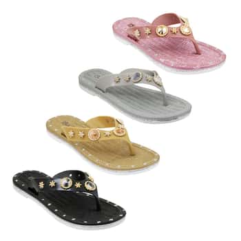 Women's Flip Flop Sandals w/ Embroidered Seashell Rhinestones & Soft Footbed - Size 5-9