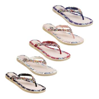 Women's Thong Flip Flop Sandals w/ Embroidered Gems & Floral Printed Footbeed