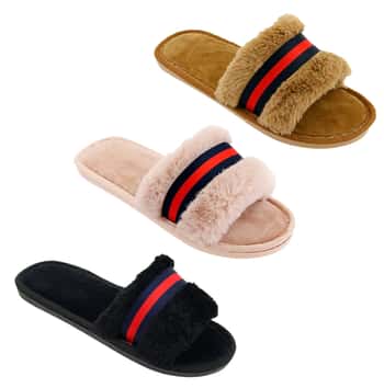 Women's Slide Sandal Slippers w/ Faux Fur Upper - Assorted Colors - Sizes Small-Large