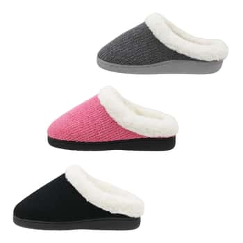 Women's Slip-On Knit Clog Bedroom Slippers w/ Faux Fur Soft Footbed
