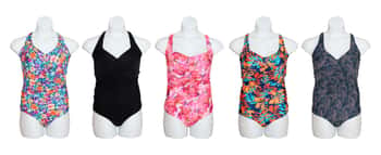 Women's Plus Size Printed One-Piece Fashion Swimsuits w/ Shirred Front - Tropical Floral, Reptile, & Solid Print - Sizes 1X-3X
