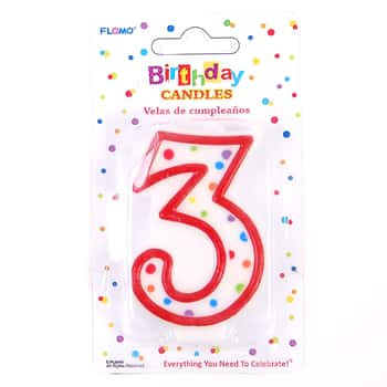 Red & White Birthday Candles w/ Dots - Numerical "3" 